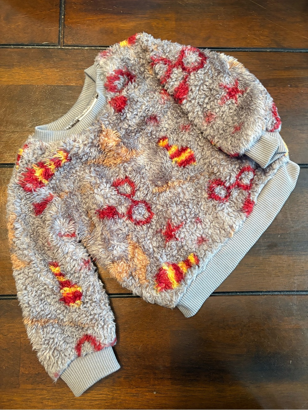 Fuzzy Crewneck Sweater in Light Gray with Red & Orange Accents